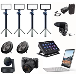 Teams Live Events Kit Pro Package: includes: Microsoft Surface Book 3 (i7/15in/32gb/512/Quadro) Two Jabra Speak 750 MS Rode Wireless Lapel Mic Rode Camera Shotgun Mic Elgato Streamdeck Logitech Rally Camey Sony A6600 with Kit Lens (16mm-55mm) Four LumeCube Broadcast Kits Two U-TAP HDMI & Ingest Tripods and USB Hubs